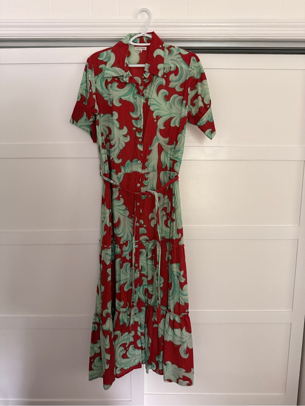 Red & Mint Green Printed Maxi Shirt Dress